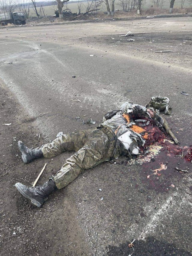 Crushed corpse of a Russian soldier