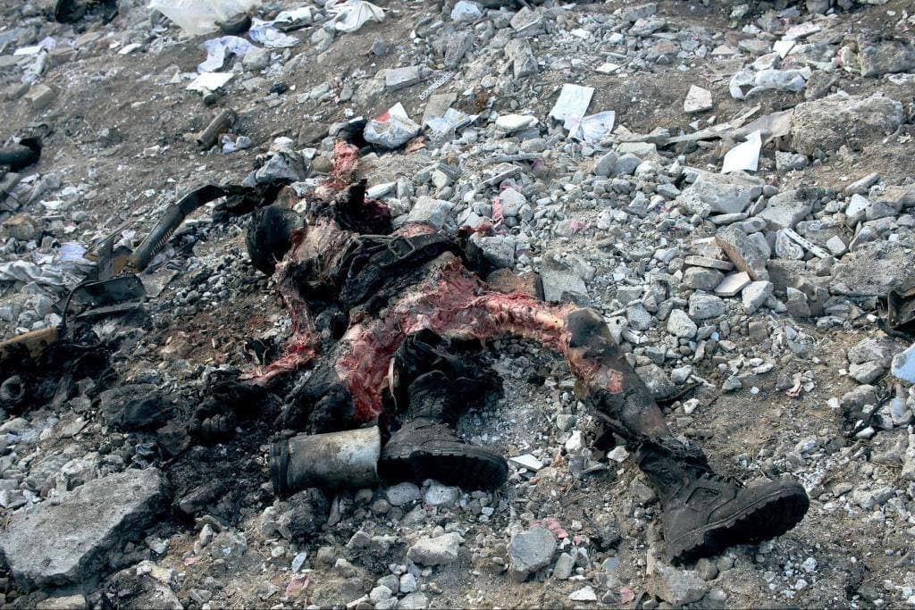 Burnt corpse of a Russian tanker eaten by dogs