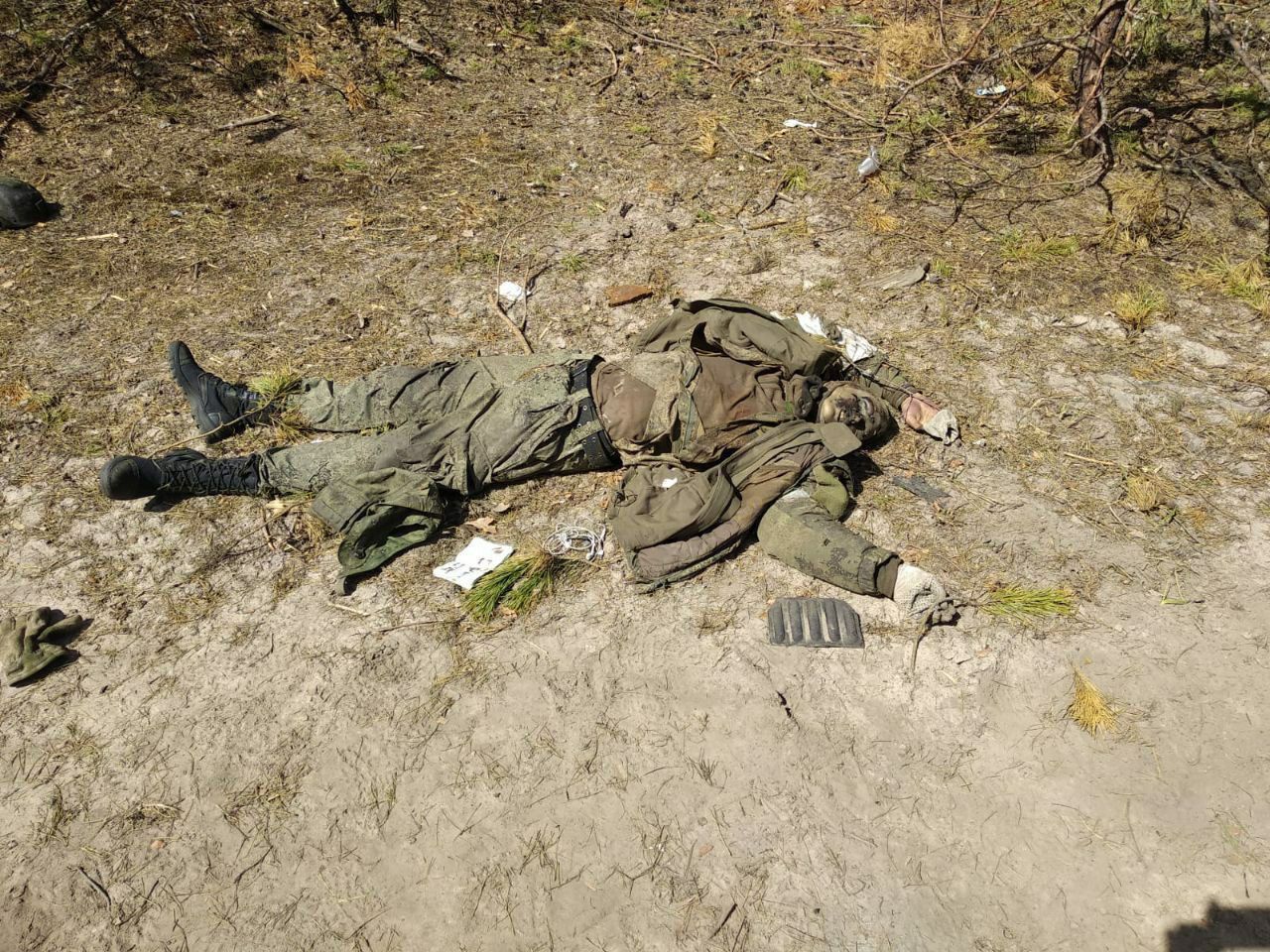 The corpse of a Russian military man touched by rotting