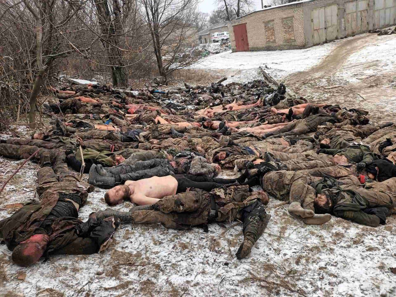 Partially stripped corpses of soldiers. Probably Bakhmut, Ukraine